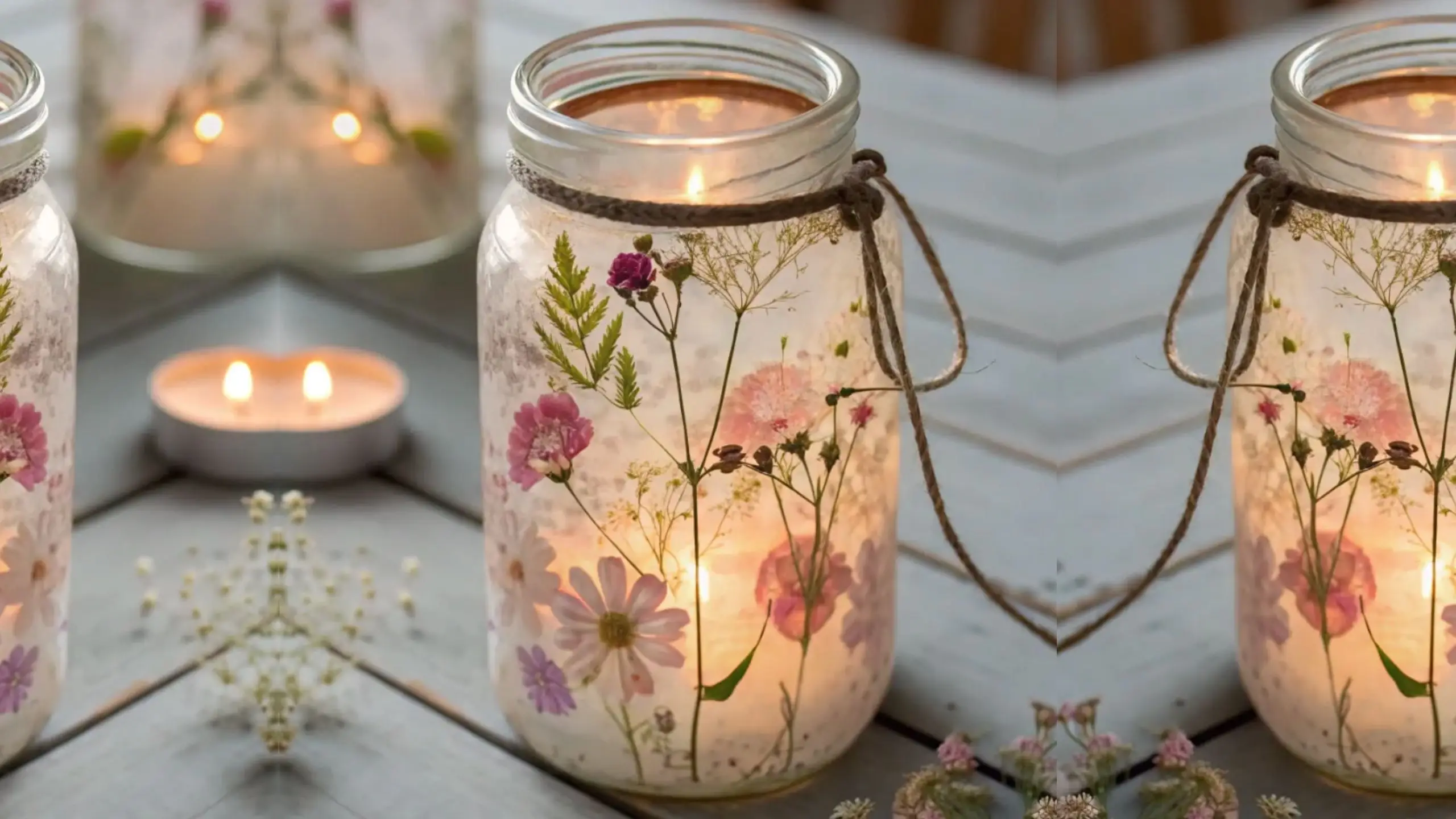 Handcrafted lanterns made from glass jars decorated with pressed flowers, softly glowing from candlelight and arranged on a wooden surface with a warm, inviting atmosphere.